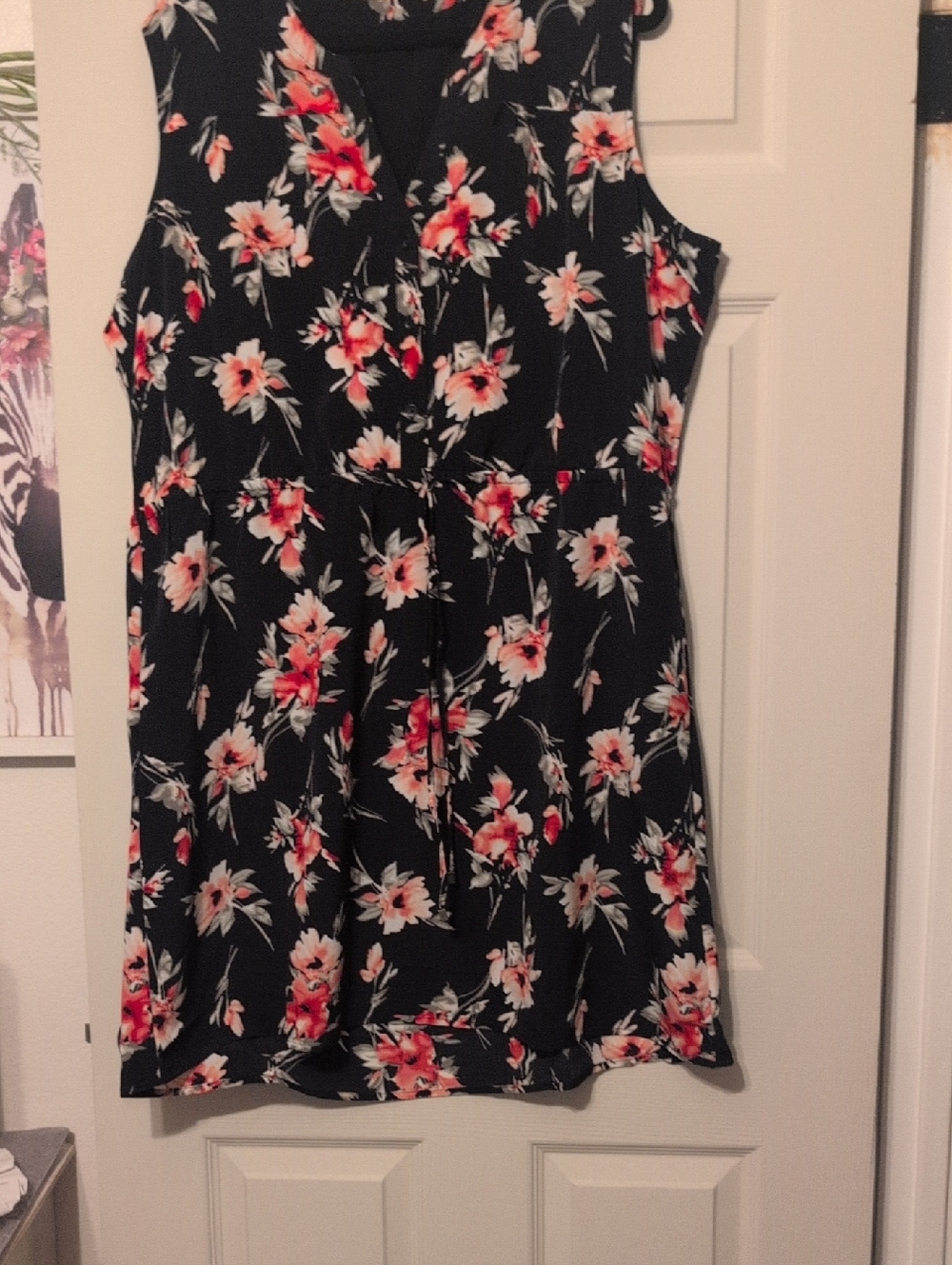 Floral V-Neck Sleeveless Dress- Black with Red Floral